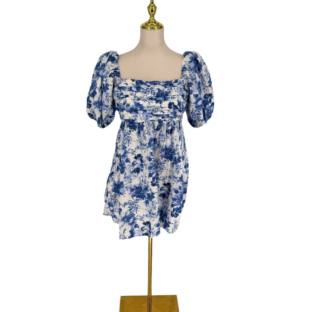 Abercrombie Emerson Mini Dress LP Petite Blue Floral Puff Sleeve Linen Pockets - Picture 2 of 13